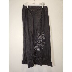 Merona Womens Black 100% Linen Floral Embroidered Maxi Skirt Size 6 Side Zip